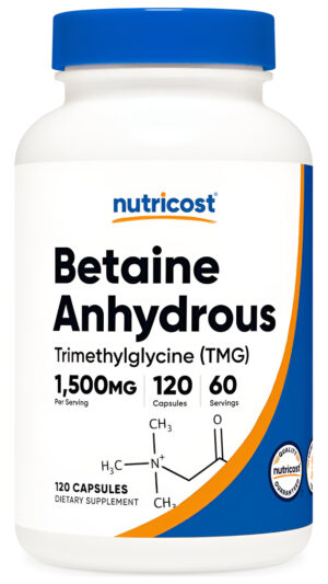 Nutricost Cápsulas Anhidras De Betaína De 1500 Mg, 60 Porciones, Sin Gluten, Sin Omg, 750 Mg Por Cápsula, 120 Cápsulas