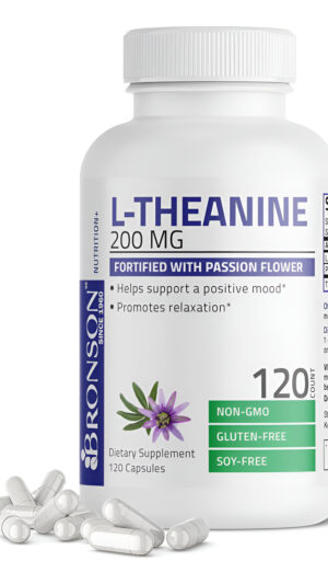 Bronson L-teanina De 200 Mg (doble Fuerza) Con Hierba De Flor De La Pasión, Suplemento De Gestión Del Estrés Sin Gluten Sin Soja Sin Omg, 120 Cápsula