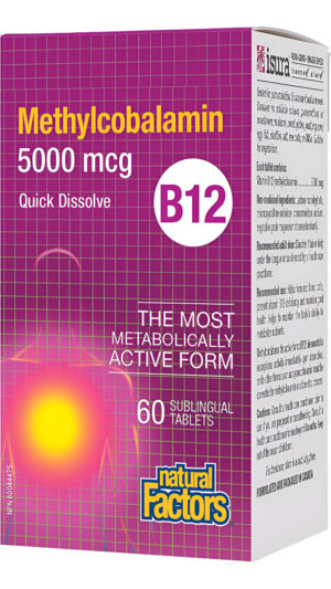 Natural Factors, Vitamina B12 Metilcobalamina 5000 Mcg, 60 Tabletas Masticables Veganas