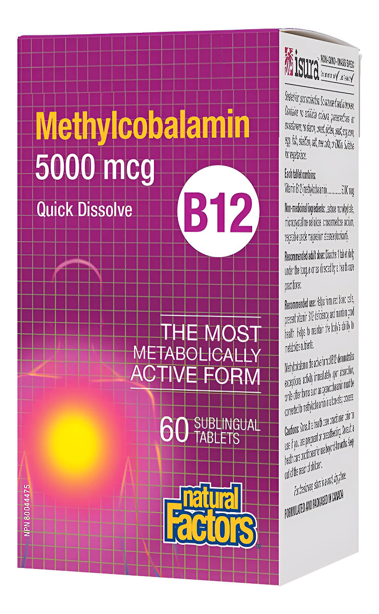 Natural Factors, Vitamina B12 Metilcobalamina 5000 Mcg, 60 Tabletas Masticables Veganas