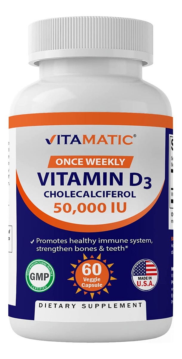 Vitamatic Vitamina D3 50,000 Ui (como Colecalciferol), Dosis Semanal, 1250 Mcg, 60 Cápsulas Vegetales
