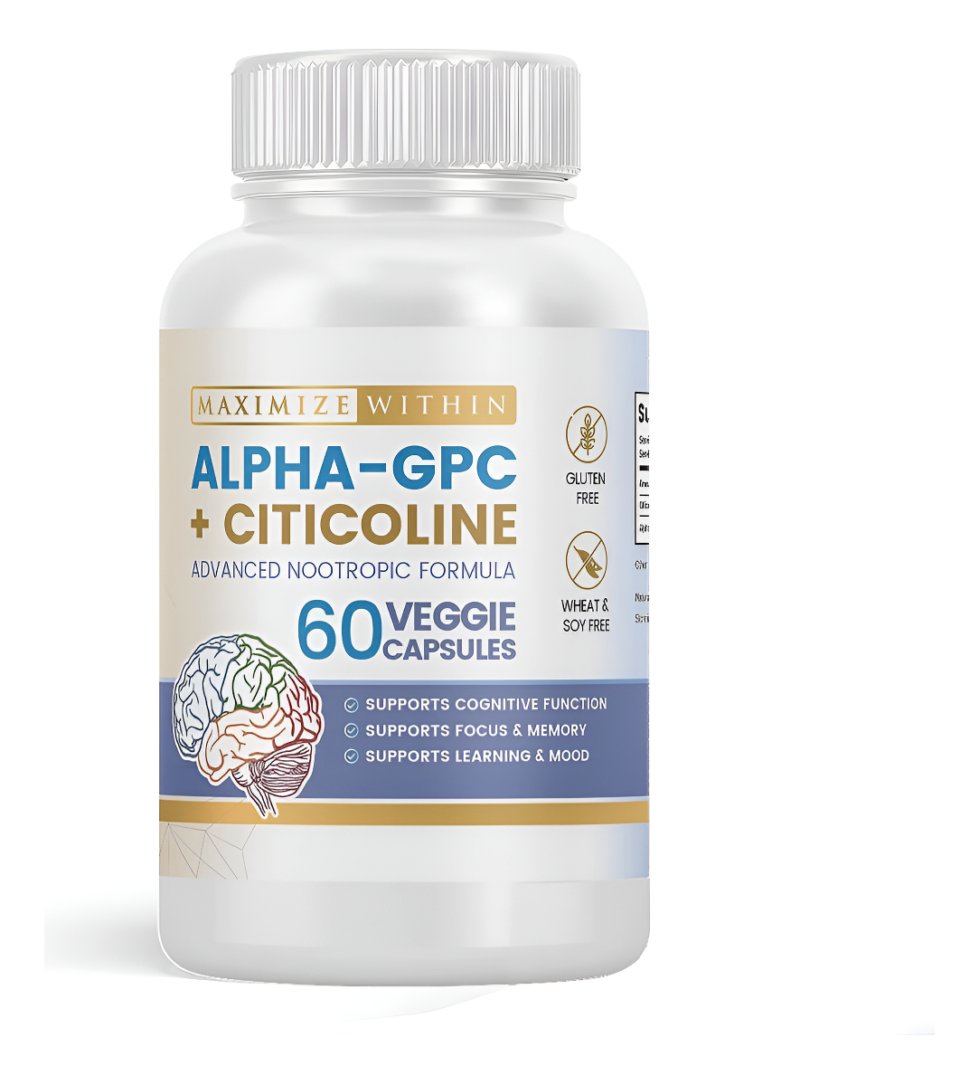 Alpha Gpc + Citicoline 60 Cap, Fórmula Concentrada De 1600 Mg 99% + Nootrópico Altamente Purificado Y Biodisponible