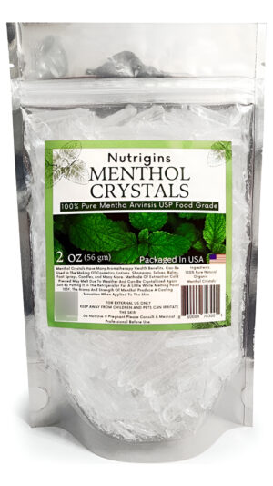 Nutrigins Cristales De Mentol De 2 Onzas, Mentha Arvensis Orgánico Puro 100% Natural Para Aromaterapia