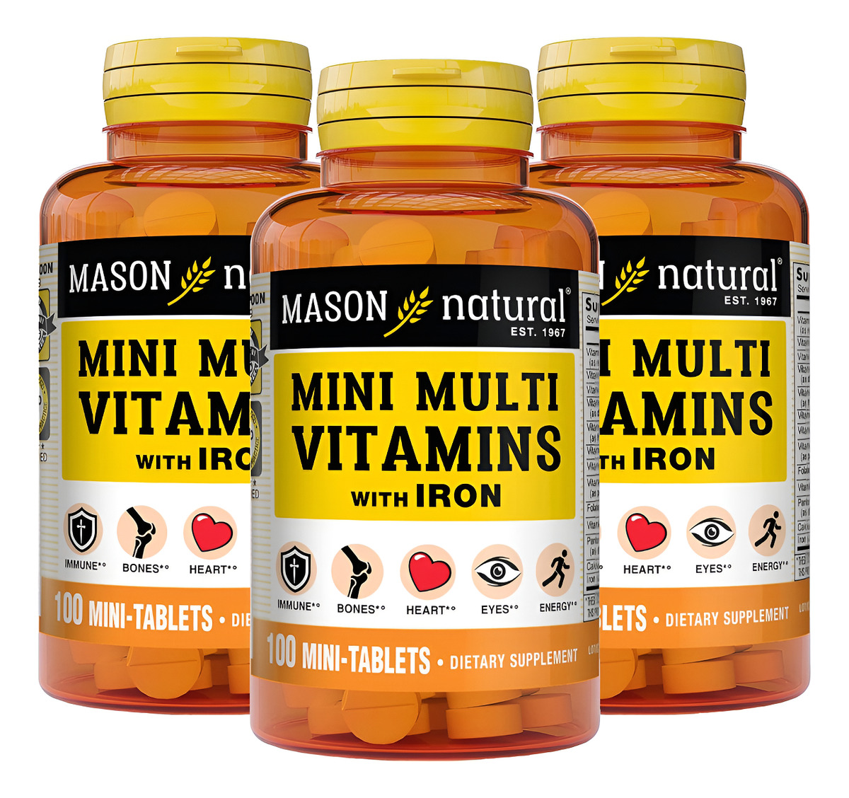 Mason Natural Múltiples Vitaminas Diarias Con Hierro, Vitaminas A, C, D, E, B1, B2, B3, B6, B12, Ácido Fólico Y Calcio