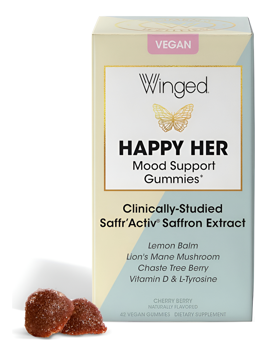 Winged Happy Her Mood | 60 Gomitas Para Mujeres Con Extracto De Azafrán, Melena De León, Bálsamo De Limón Y Otros.