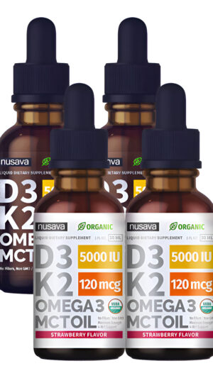Nusava Paquete De 4 Gotas De Vitamina D3 K2 Sin Sabor Y Sabor A Fresa Máxima Fuerza De 5000 Ui Con Aceite Mct