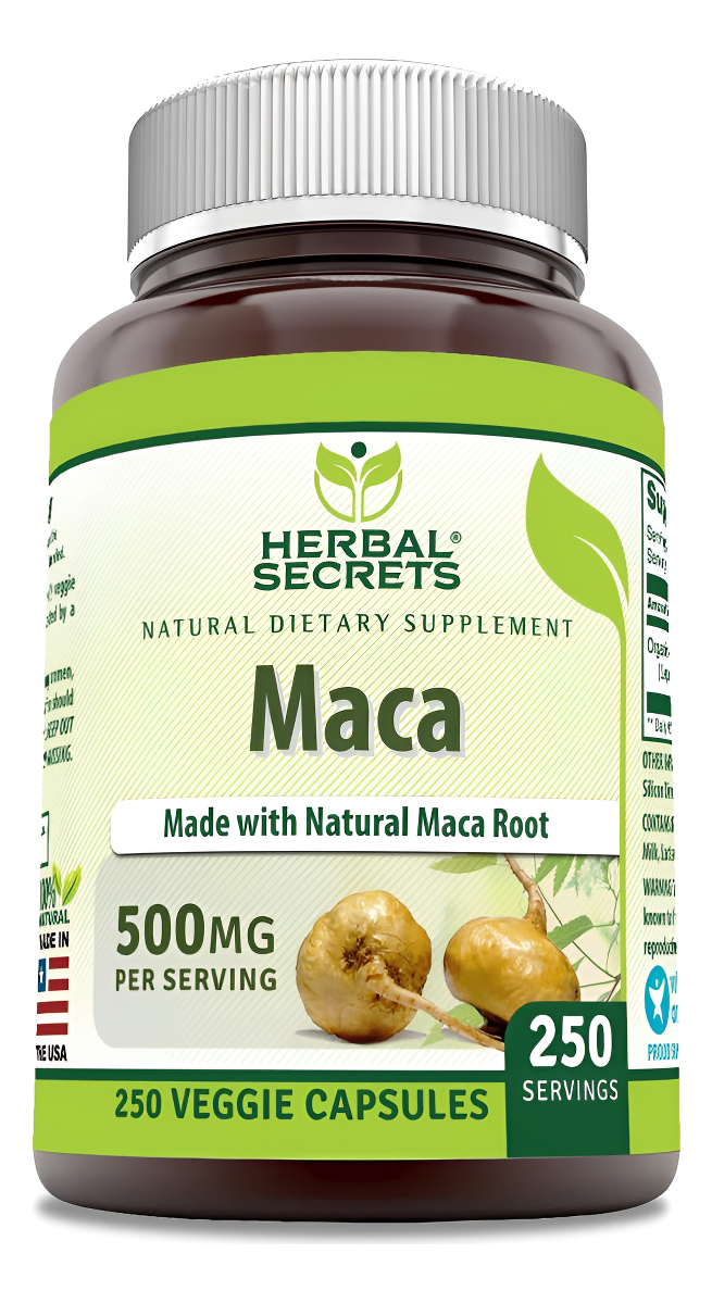 Herbal Secrets Maca 500mg 250 Cápsulas Vegetales | Sin Omg | Sin Gluten | Adecuado Para Vegetarianos