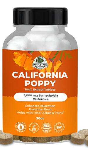 Amazing Botanicals Amapola Orgánica De California, Fórmula Extra Fuerte Eschscholzia Californica  50 Mg 100x Extracto Comprimidos 5,000 Mg  Supleme