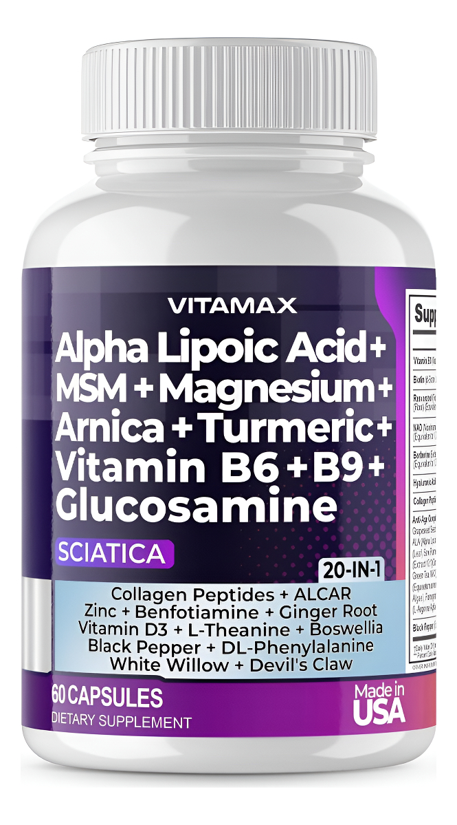 Sciatica Nerve Health Support Cápsulas De Suplemento Para El Nervio Ciático Con Ácido Fólico, Guisante, Glucosamina,
