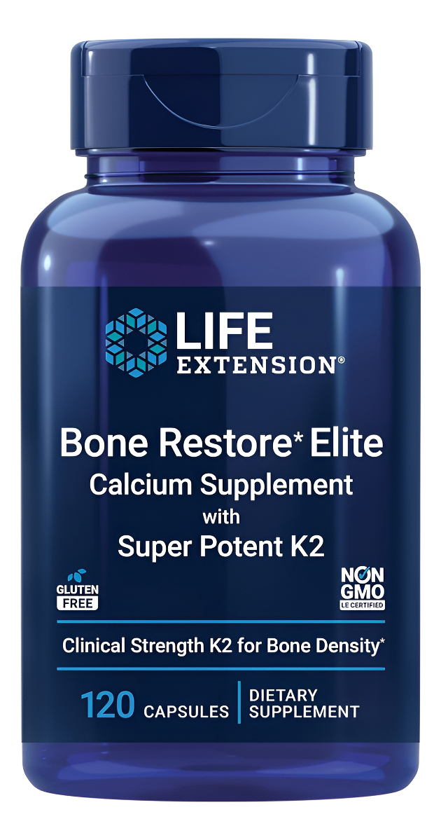 Life Extension Bone Restore Elite Con K2 Súper Potente, Vitamina K2 Y Calcio Clínicamente Estudiados Promueve Una Densi