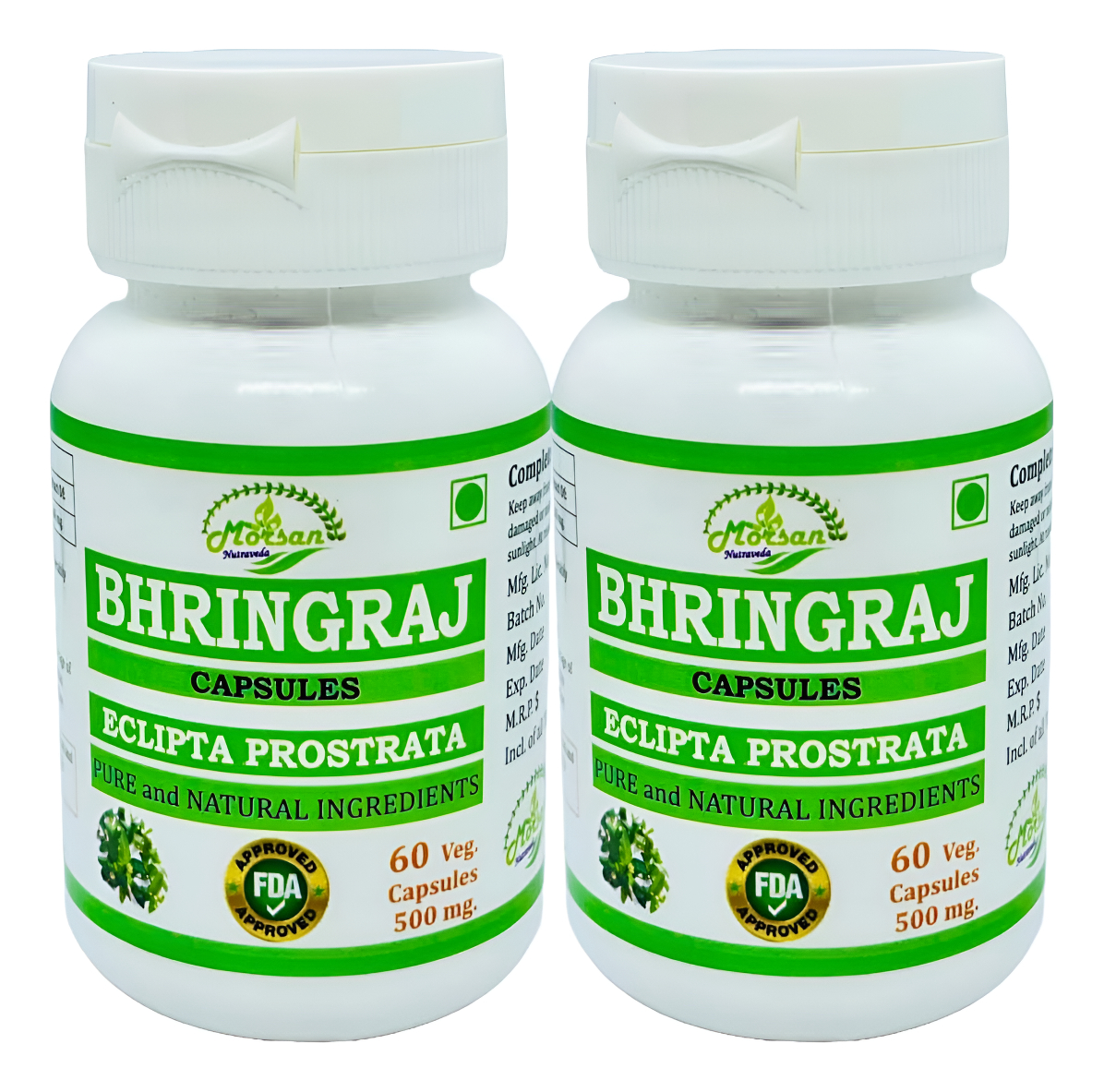 Cápsulas De Bhringraj (eclipta Prostrata) | Alta Potencia, Producto 100% Natural | Paquete Combinado De 2 X 60 X 500 Mg