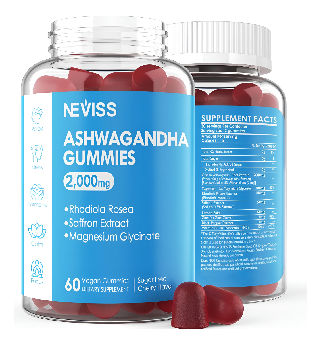 Gomitas De Ashwagandha Sin Azúcar De 2000 Mg - Con Glicinato De Magnesio, Raíz De Maca, Rodiola Rosa, Azafrán, Zinc, Bá