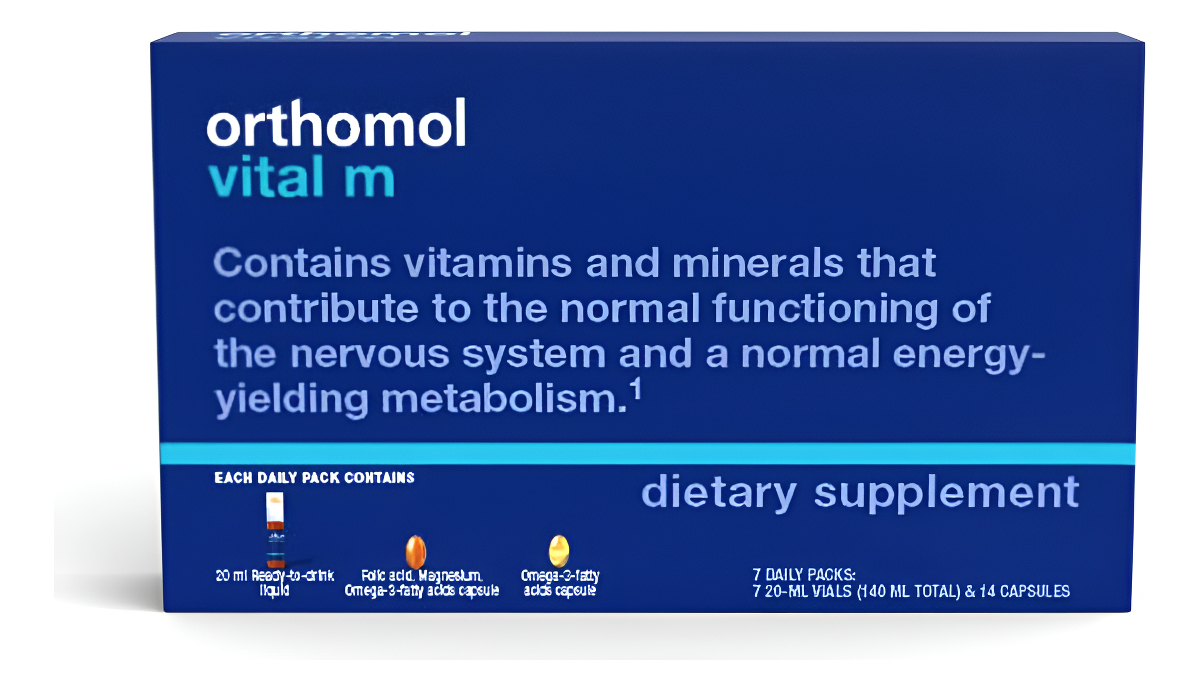 Orthomol Vial Vital M, Multivitamínico Para Hombres, Suministro Para 7 Días, Vitaminas A, B, C, D, E, K, Calcio, Yodo
