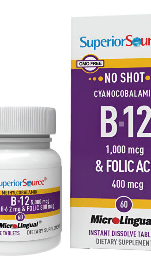 Superior Source No Shot Vitamina B12 Metilcobalamina (5000 Mcg), 60 Tabletas Sublinguales