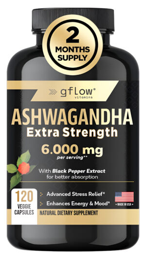 Ashwagandha Supplements - Cápsulas De Polvo De Ashwagandha, Extra Fuerte De 6000 Mg Con Pimienta Negra, Apoyo Al Estado