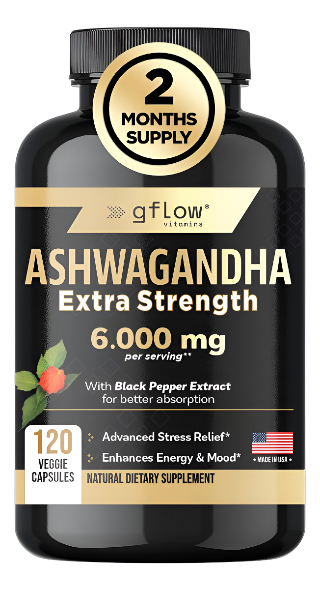 Ashwagandha Supplements - Cápsulas De Polvo De Ashwagandha, Extra Fuerte De 6000 Mg Con Pimienta Negra, Apoyo Al Estado