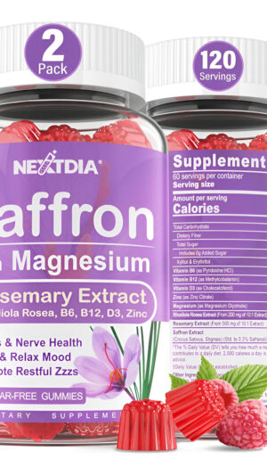 Nextdia 60 Gomitas De Extracto De Azafrán, Con Glicinato De Magnesio, Rhodiola Rosea, Romero, Para Calma, Paquete De 2