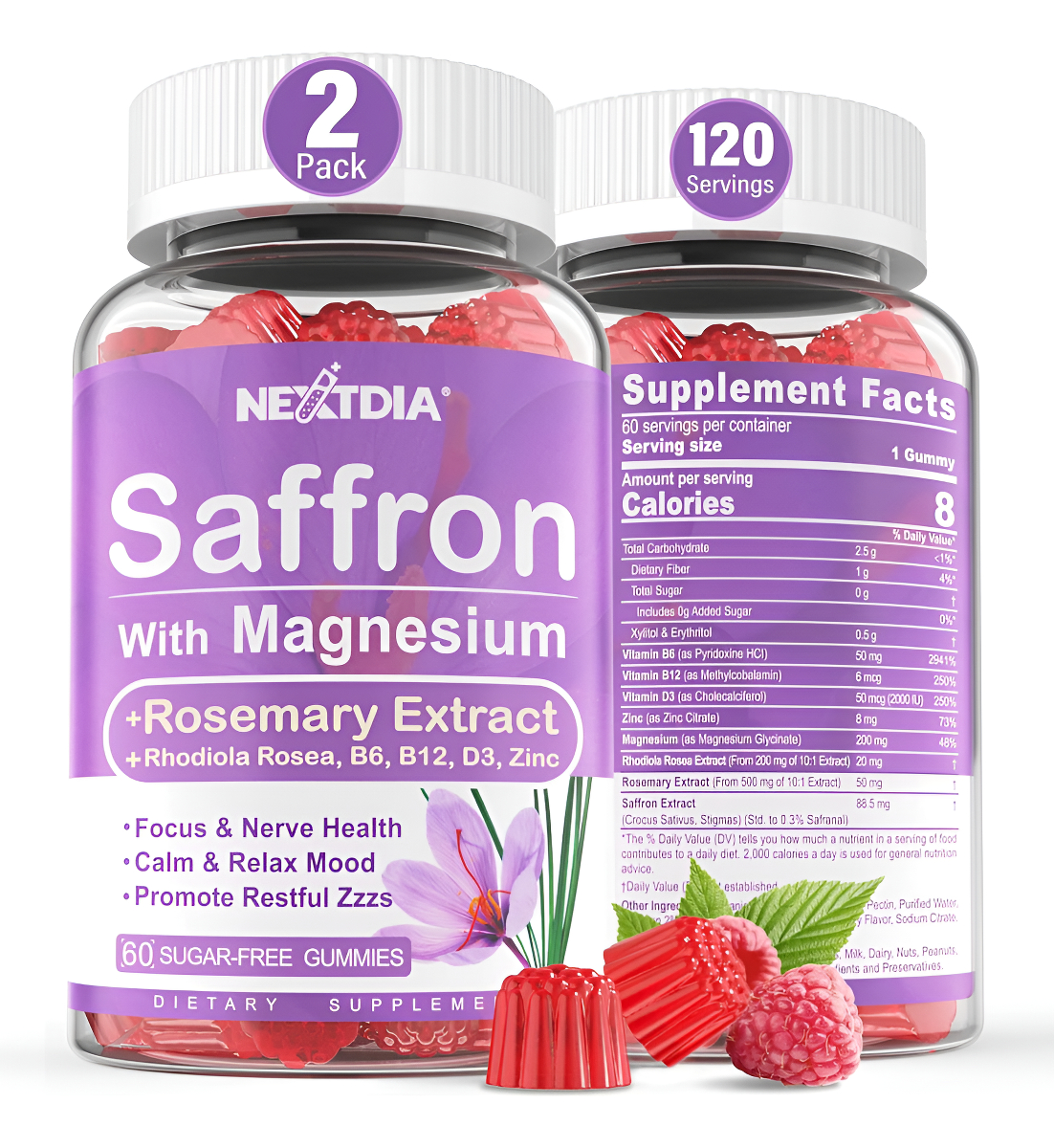 Nextdia 60 Gomitas De Extracto De Azafrán, Con Glicinato De Magnesio, Rhodiola Rosea, Romero, Para Calma, Paquete De 2