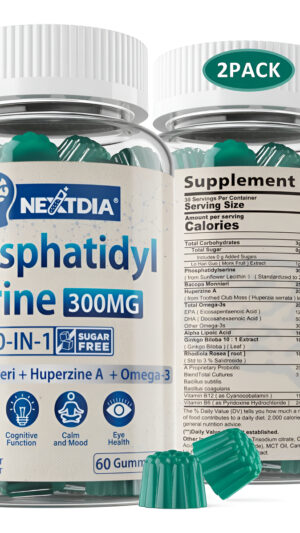 Nextdia Suplemento De Fosfatidilserina Sin Azúcar De 300 Mg, Fórmula 10 En 1 Con Bacopa Monnieri, Omega 3 Pack De 2