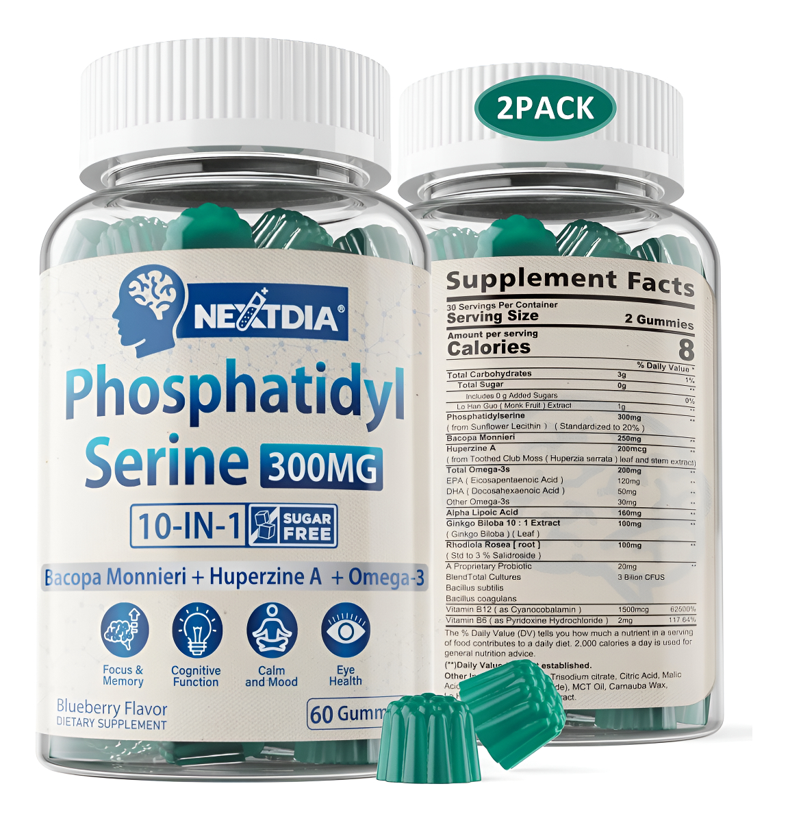 Nextdia Suplemento De Fosfatidilserina Sin Azúcar De 300 Mg, Fórmula 10 En 1 Con Bacopa Monnieri, Omega 3 Pack De 2