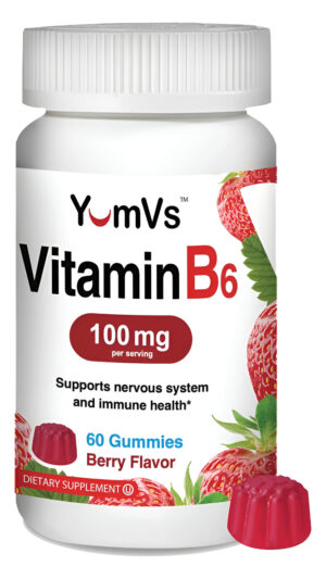 Yum-v's Gomitas De Vitamina B6 Alta Potencia De 100 Mg Sabor Fresa Dieta Kosher Sin Omg, 60 Unidades