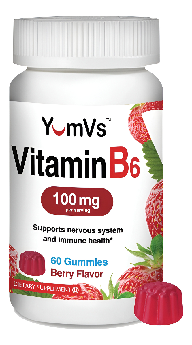 Yum-v's Gomitas De Vitamina B6 Alta Potencia De 100 Mg Sabor Fresa Dieta Kosher Sin Omg, 60 Unidades