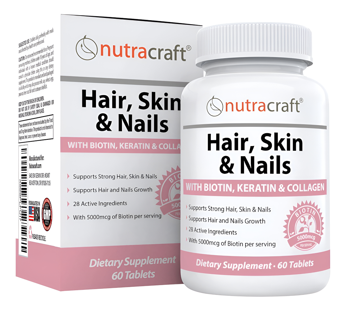 Suplemento #1 Para Cabello, Uñas Y Piel Con 5000 Mcg De Biotina, Queratina, Colágeno, Msm, Sílice Y Ácido Hialurónico P