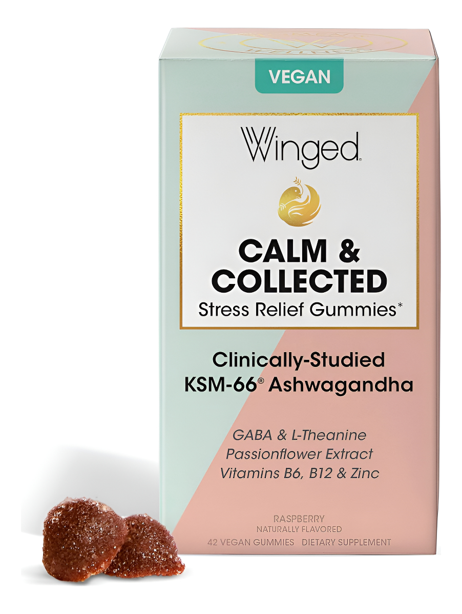 Winged Wellness Calm & Collected - Gomitas De Apoyo Al Estrés - Contiene Ksm-66 Ashwagandha, L-teanina, Gaba Y Pasiflor