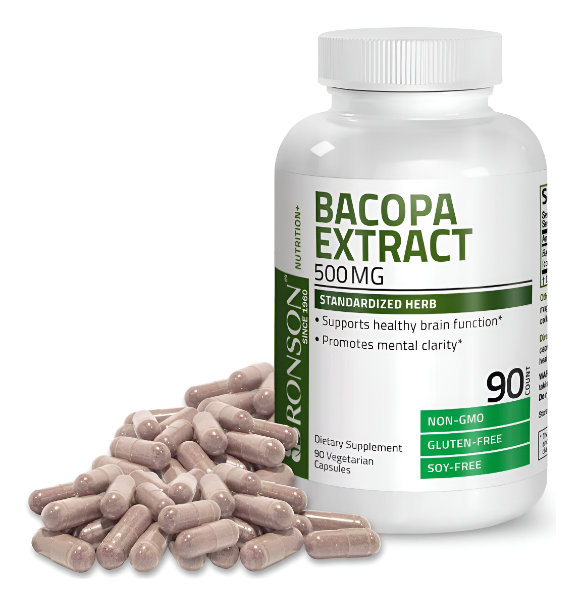 Bronson Extracto De Bacopa Monnieri 500 Mg - Promueve La Claridad Mental Y La Función Cerebral - Sin Omg, 90 Cápsulas V