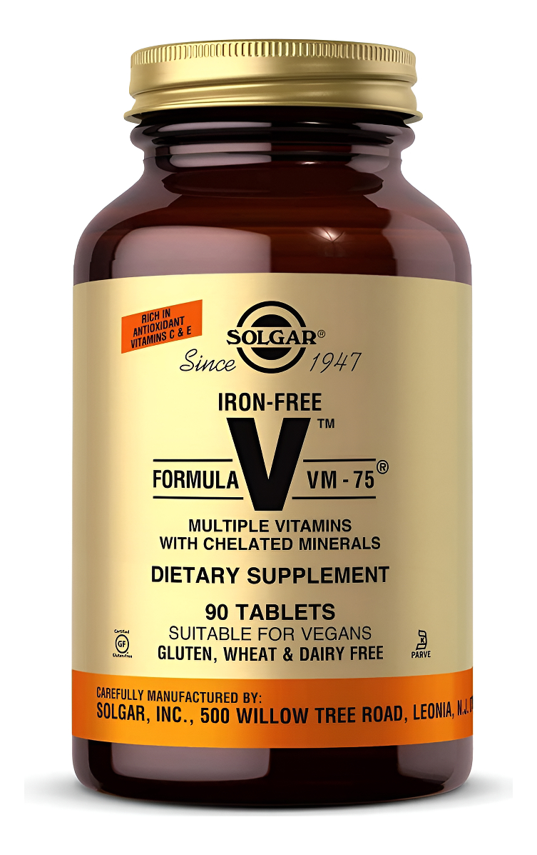 Solgar Fórmula Sin Hierro Vm-75, 90 Tabletas Multivitamínico Con Minerales Quelados Vitamina A, B6, B12, C, D, E