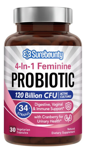 Surebounty Probióticos Para Mujeres 120 Mil Millones De Cepas Cfu 34 Prebióticos + Enzimas Digestivas + Arándano 4 En 1