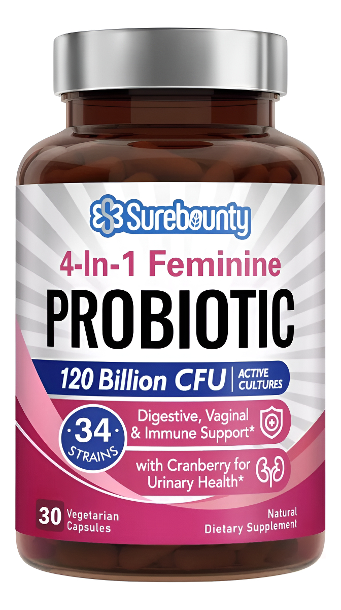 Surebounty Probióticos Para Mujeres 120 Mil Millones De Cepas Cfu 34 Prebióticos + Enzimas Digestivas + Arándano 4 En 1