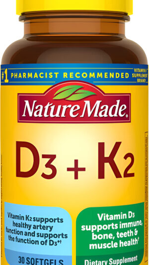 Nature Made Vitamina D3 K2, 5000 Ui (125 Mcg) De Vitamina D, Suplemento Dietético, 30 Cápsulas Blandas