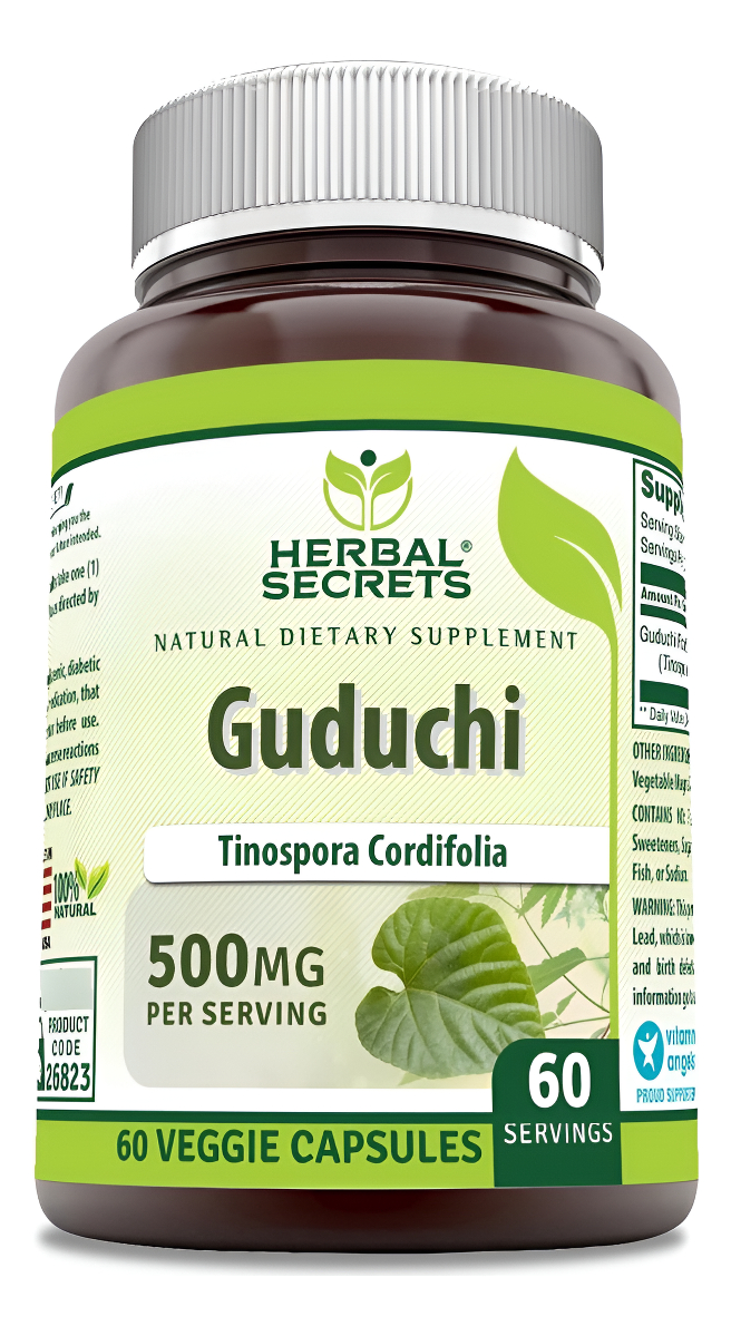 Herbal Secrets Guduchi (tinospora Cordifolia) Suplemento | 500 Mg Por Porción | 60 Cápsulas Vegetales | Sin Omg | Sin Gluten | Fabricado En Estados U