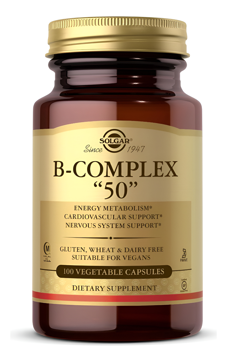 Solgar B-complex 50 , 100 Cápsulas Vegetales, Metabolismo Energético, Apoyo Cardiovascular, Apoyo Del Sistema Nervioso