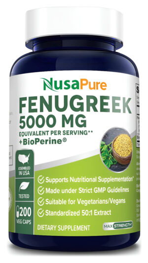 Nusapure Cápsulas De Fenogreco, 5000 Mg, 200 Cápsulas Vegetales, Sin Omg, Sin Gluten