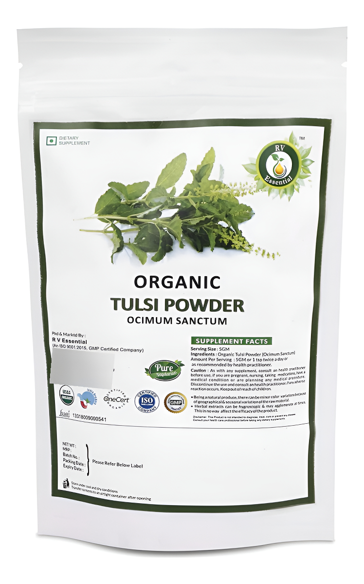 R V Essential Polvo De Tulsi Orgánico 100 Gm/3.53oz/ 0.22lb- Polvo De Hoja De Ocimum Sanctum Tulsi Polvo De Albahaca Sagrada Usda Suplemento Ayurvédi