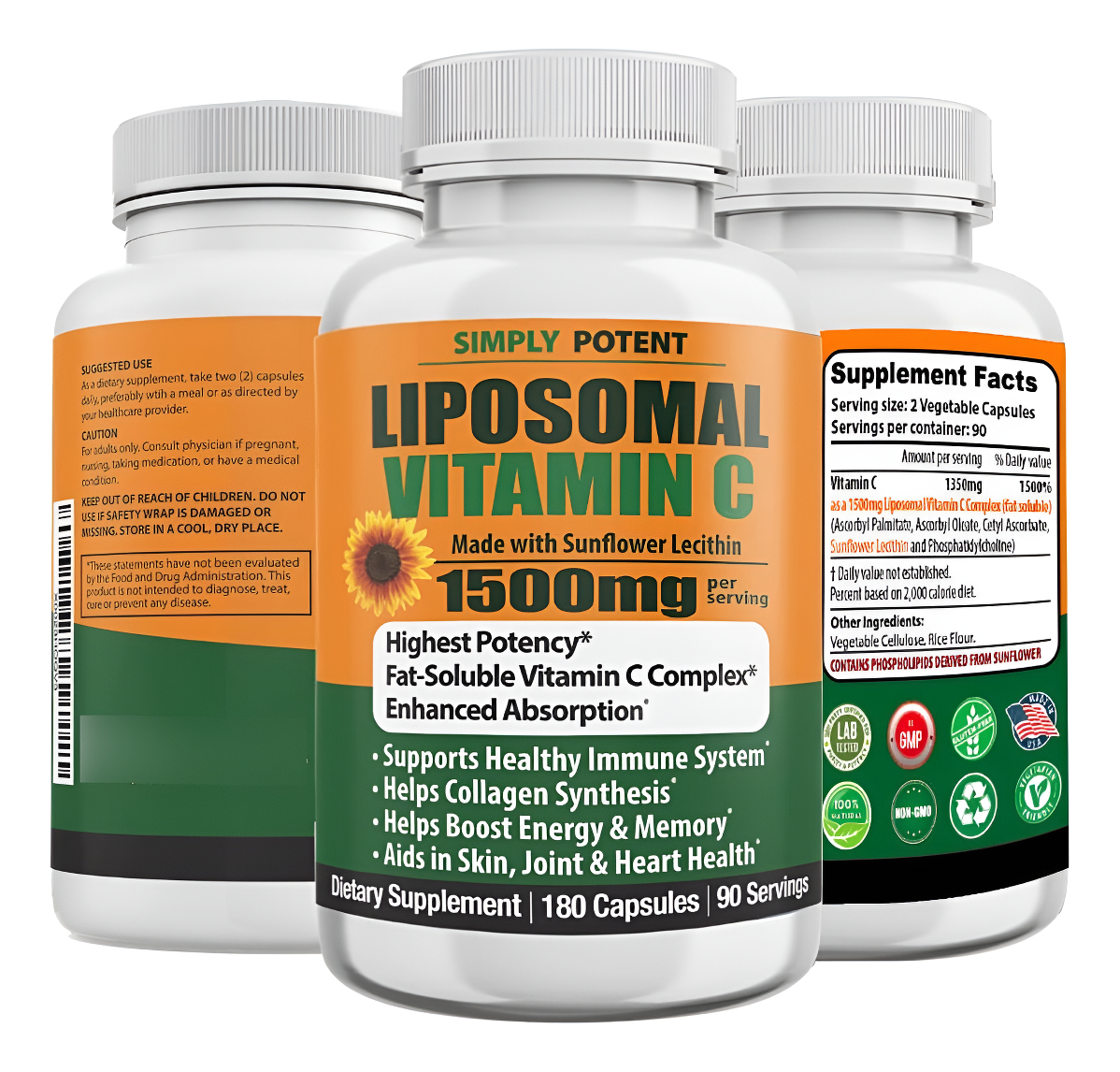 Vitamina C Liposomal Simply Potent 1500 Mg - 180 Cápsulas, Vitamina C Antioxidante Con Ácido Ascórbico