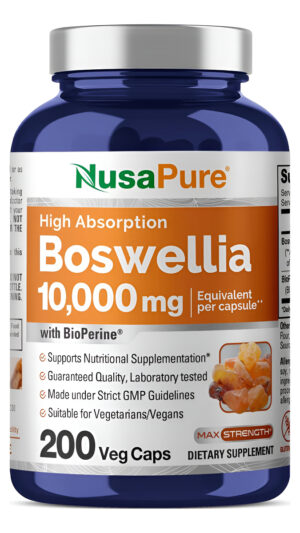 Nusapure Boswellia Serrata 10,000 Mg, 200 Cápsulas Veganasm Ext. 20:1, Sin Omg, Sin Gluten, Con Bioperina