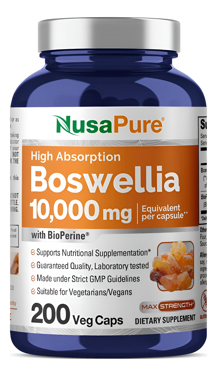 Nusapure Boswellia Serrata 10,000 Mg, 200 Cápsulas Veganasm Ext. 20:1, Sin Omg, Sin Gluten, Con Bioperina