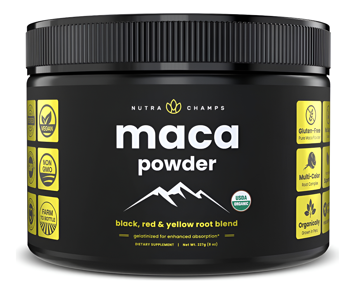 Nutrachamps Polvo De Maca Orgánica Mezcla De Maca Cultivada En Perú Con Raíces Amarillas, Negras Y Rojas