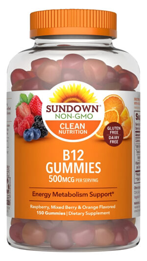 Sundown Gomitas De Vitamina B-12, Apoyo Al Metabolismo Energético, Frambuesa, Bayas Mixtas Y Sabor Naranja, 150 Unidades