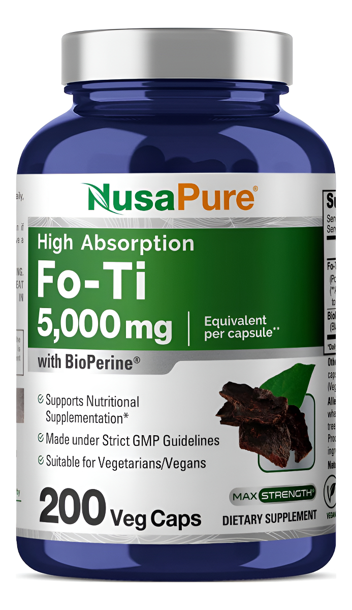 Nusapure Fo-ti 5000mg Por Cápsulas Vegetales, 200 Unidades, Raíz De He-shou-wu, Hierba Tradicional, Sin Omg, Vegano, Bi