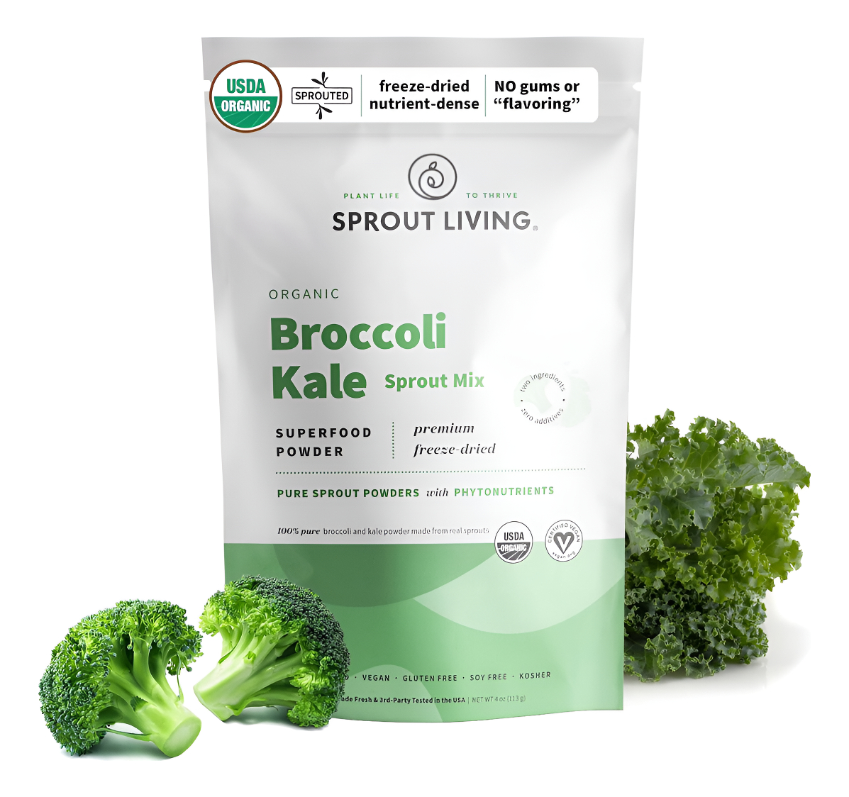 Sprout Living Mezcla Orgánica De Brotes De Brócoli Y Col Rizada, Polvo De Superalimentos Liofilizados, 100% Puro, Vegan