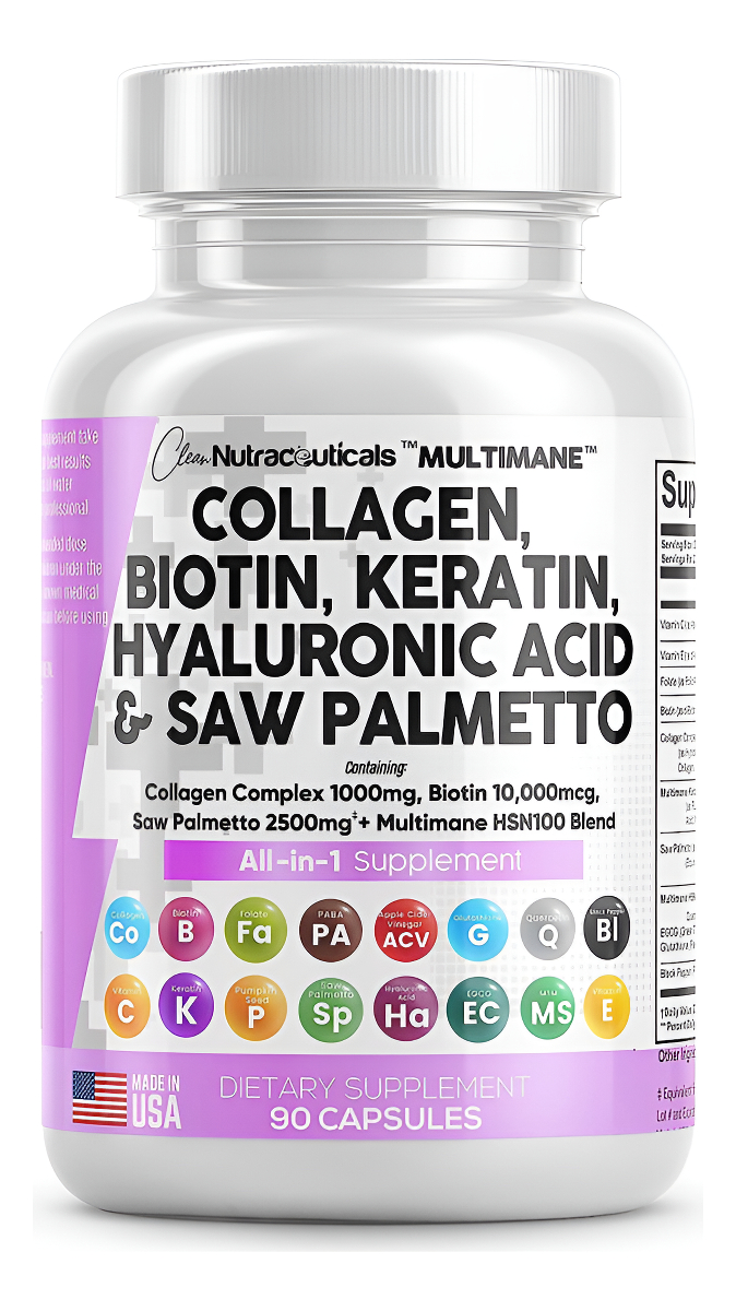 Píldoras De Colágeno Clean Nutraceuticals 1000 Mg De Biotina 10 000 Mcg De Queratina De Palma Enana Americana