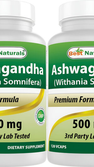 Best Naturals Paquete De 2 Cápsulas De Ashwagandha Para Relajar El Estrés Y El Estado De Ánimo, 500 Mg, 120 Unidades