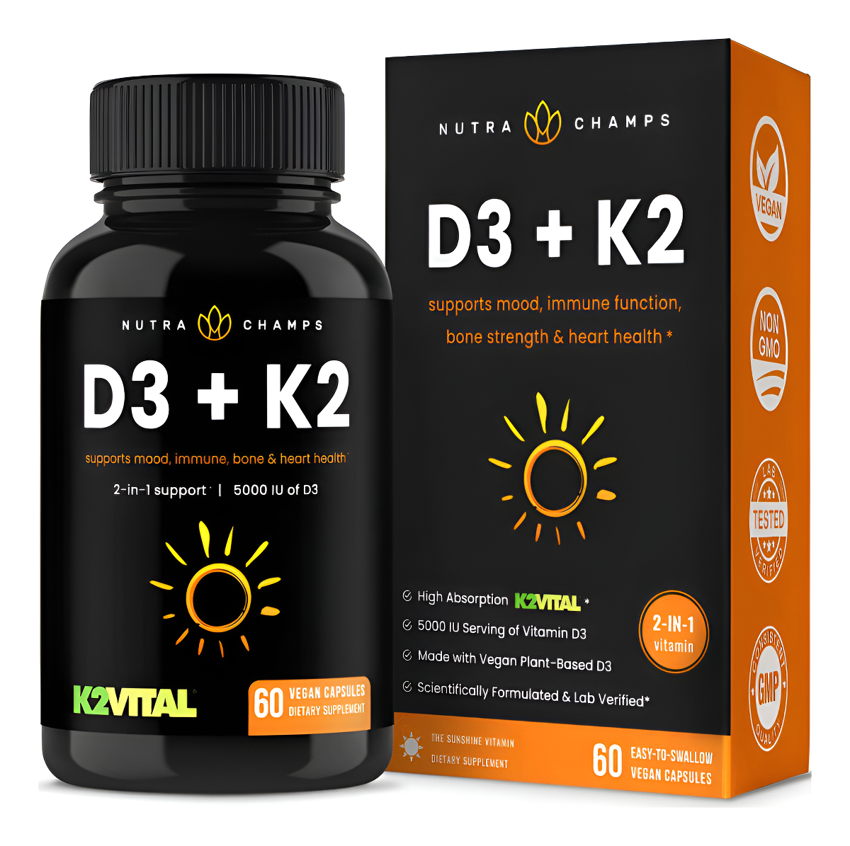 Nutrachamps Complejo De Vitamina D Y K | 5000 Ui De Vitamina D 3 Y 100 Mcg De Vitamina K 2 Mk-7 | 60 Cápsulas