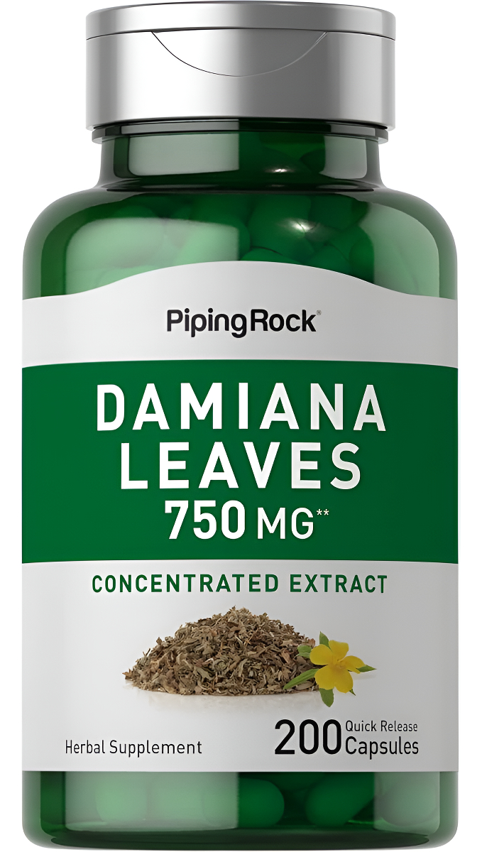 Piping Rock Extracto De Hoja De Damiana | 750 Mg | 200 Cápsulas | Suplemento Herbario Concentrado | Sin Omg, Sin Gluten