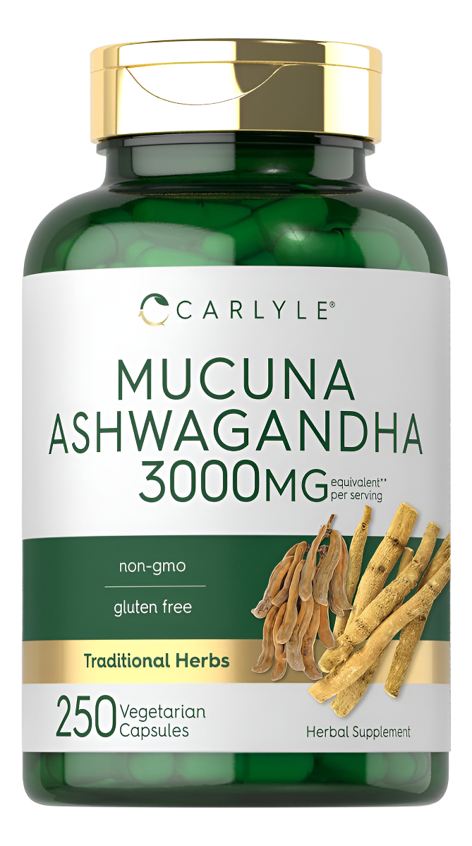Mucuna Con Ashwagandha | 3000 Mg | 250 Cápsulas | Suplemento De Mucuna Pruriens | Vegetariano, Sin Omg, Sin Gluten | Po