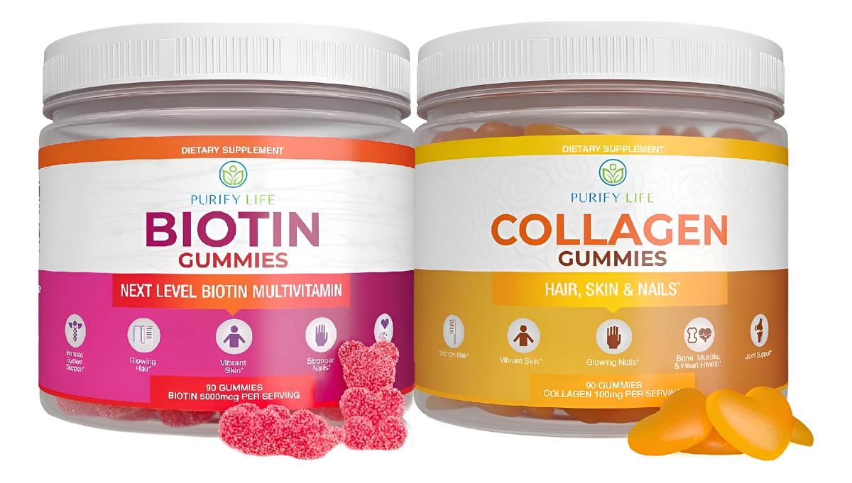 Purify Life Paquete De 90 Gomitas De Biotina Y 90 Gomitas De Colágeno, Para El Crecimiento Del Cabello, Piel Y Uñas